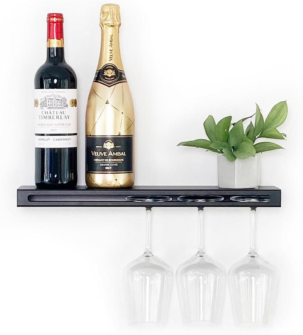 Wall Mounted Wine Rack  Metal Floating Bar Shelf with Bottle and Glass Holder, Holds 5 Bottles and 4-6 Glasses (1 Pack)
