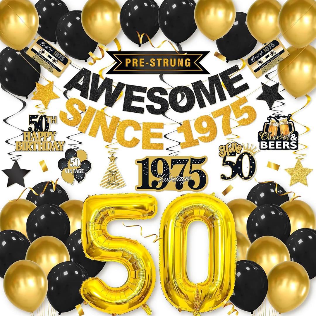 HTDZZI 50th Birthday Decorations Kit for Women Black Gold, 54Pcs Vintage 1975 Happy 50th Birthday Banner Sign Hanging Swirl Decor, Large 50 Foil Balloons, 50 Bday Party Backdrop Supplies(Pre-Strung