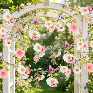 SUNBEAUTY 2Pcs Butterfly Daisy Garland Banner Reusable Waterproof Wildflower Garland 13ft for Enchanted Garden Woodland Birthday Baby Shower Bloom Tea Party Wedding Mother's Day Backdrop Decorations