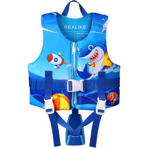 REALIKE Kids Swim Vest Toddler Floaties Adjustable Safety Strap Swimming Aids for Toddlers Children Float Swimsuit, Suitable for Age 2-10 Years/22-88lbs (Large(6-8 yrs/44-55 lbs), Shark)