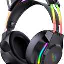 Gaming Headset with Microphone, Cat Ear Headphones for PC Laptop PS4 PS5 Xbox Switch, Rainbow RGB Lighting & Virtual Surround Sound, 3.5mm Wired Over Ear Headphones, Ergonomic