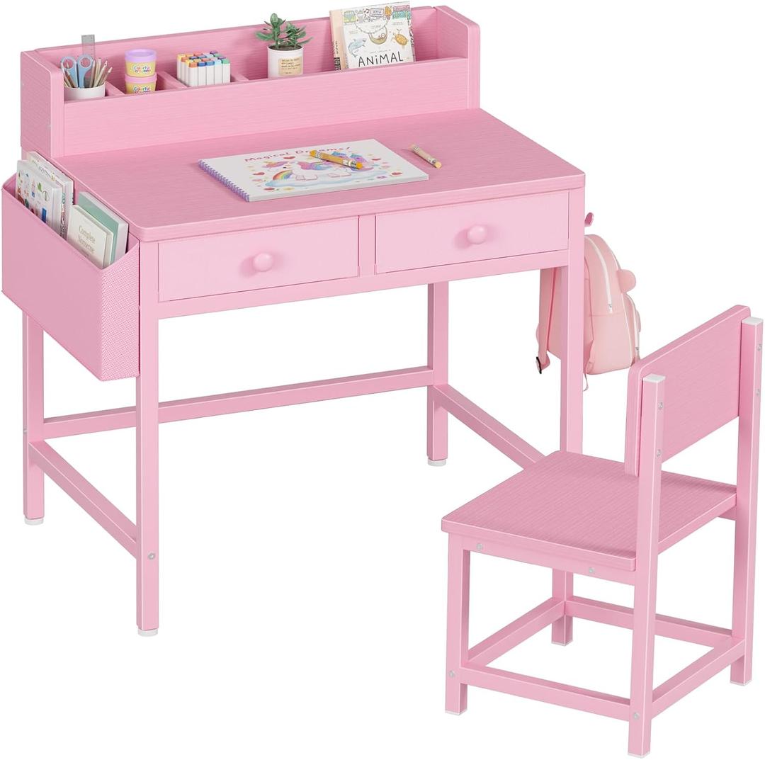 BOLUO Pink Kids Desk and Chair Set for 5-8 Year Old, Small Child Desk with Fabric Drawer, Children Study Table with Storage Toddler Girls Boys, Over dimension : 14.6"D x 24.8"W x 29.6"H