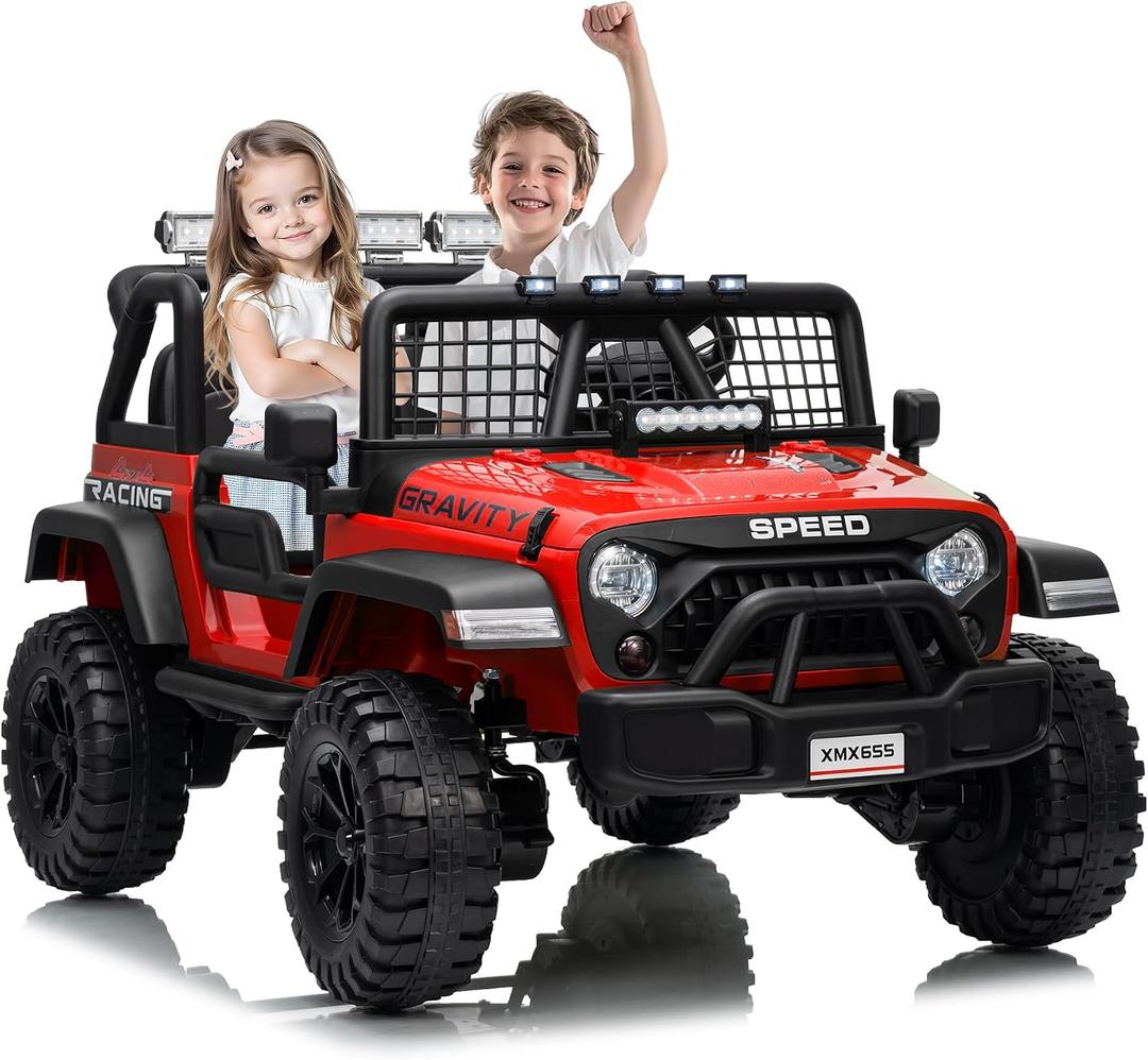 Garvee 24V 2-Seater Kids Electric Truck with Parent Remote Control, 100Min Ride-on Car, 4WD Dual Motor, 2 Speeds, Spring Shock Absorber, LED Headlights, Siblings Gift Kids Electric Vehicle, Red