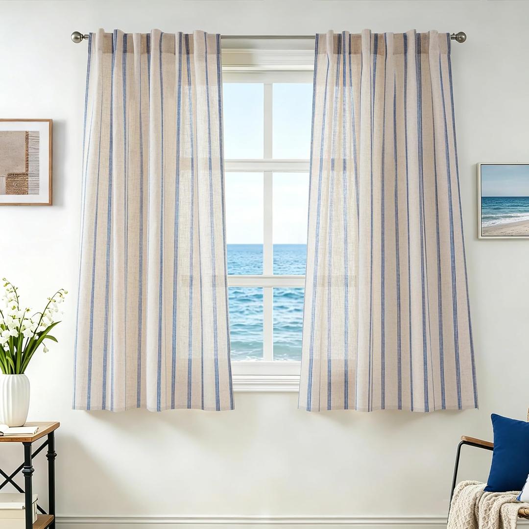 DriftAway Farmhouse Curtains for Living Room Vertical Striped Linen Window Curtains Semi Sheer Light Filtering Back Tab Rod Pocket, 54 Inches Long, 2 Panels, Pinstripe Navy on Beige