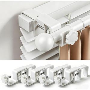Over Blinds Curtain Rod Brackets for Outside Mounted, No-Drill Blinds Curtain Rod Holders for 1.3-2" Rectangular Headrails, Tool-Free & No Wall Damage, Apartment & Renter Friendly (Set of 4, White)