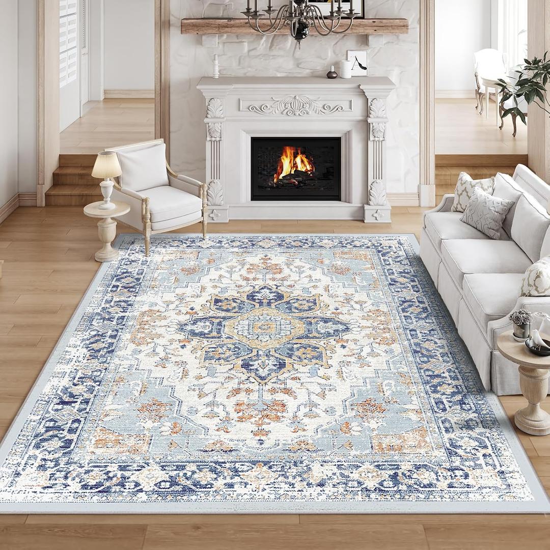 VK VKLIVING 6'x9' Area Rugs 6'x9' Washable Rug Machine Washable Rugs for Living Room Boho Area Rugs for Bedroom, Vintage Rugs Carpet Machine Rug Non Slip Office Rug, Light Blue
