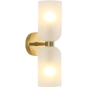 Minimalist 2-Light Gold Wall Sconces with Cylinder Glass Shades- Mid Century Vanity Wall Double Lights Hardwired- Modern Indoor Glass Wall Mounted Art Decor Lights (Frosted White, 1 Pack)