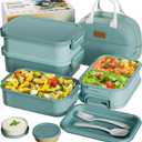 Adults Bento Box with Insulated Lunch Bag, 74oz Capacity 3 Stackable Leak-Proof Bento Box Built-In Utensil and Sauce, PFAS & BPA-Free, Microwave & Dishwasher Safe (Mint Green)