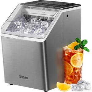 Silonn Ice Maker Countertop 44lbs/Day, Ice Cube Maker with Self-Cleaning, Stainless Steel Ice Machine with 2 Water Fill Options, Compact for Home Office Bar Party