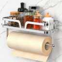 Taozun Paper Towel Holder Wall Mount, Kitchen Paper Holder Spice Rack Paper Towel Roll Holder Bathroom Hand Towel Holder with 4 Hooks (2 Installation Methods - Self-Adhesive and Drilling) Silver