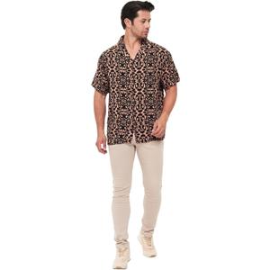 Men's Short Sleeve 100% Viscose Hawaiian Shirt Regular Fit Button Closed (XS, Black-brown)