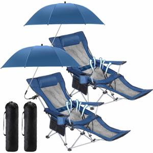 2 Set Reclining Camping Chair with Umbrella, Camping Chair with Foot Rest, Adjustable Chair Umbrella with Clamp, SPF 50+, Folding Mesh Camping Lounger Chair for Outdoor(Blue)