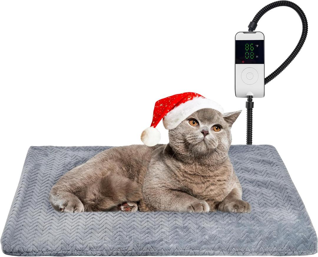 PatiencET Heated Cat Bed, 18'' x 28'' Temperature Adjustable Cat Dog Heating Pad with Timer Indoor, Pet Heating Pad for Cats Dogs, Cat Warming Pad Bed with Metals Chew Resistant Cord (18.0"L x 28.0"W x 1.0"Th)