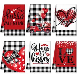 SmoothNovelty 6 Pcs Valentine's Day Kitchen Towels Hello Valentine Hand Bathroom Towels Decorative Tea Dishtowels Valentines Kitchen Decor for Holiday Decorations Housewarming Gifts(Red, Heart)
