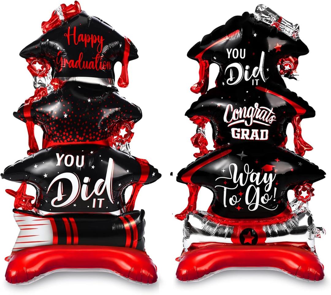 Jenaai 2 Pcs 37" Red and Black Graduation Caps Foil Balloons Giant Self Standing Congrats Grad Diploma You Did It Theme Balloons for Class of 2026 Graduation Party Decoration Supplies
