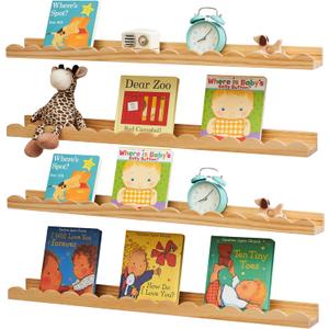 Conamily Scalloped Baby Book Shelf, Floating Shelves for Wall Natural Solid Pine Wood Nursery Bookshelves with Wave Lip for Bedroom Kids, Toddler Room, Baby Room, Nursery Decor(23.6inch, Set of 4)