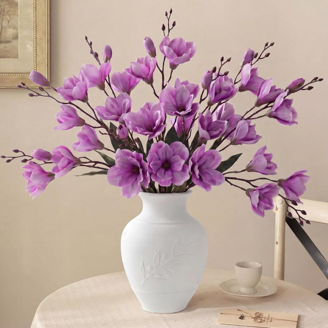 Giegxin 8 Pack 16 Inch Artificial Magnolia Flowers Stem Faux Magnolia Branches Silk Flowers Bendable Stem for Vase Arrangement Wedding Decor Party Centerpieces Home Decoration(Purple)