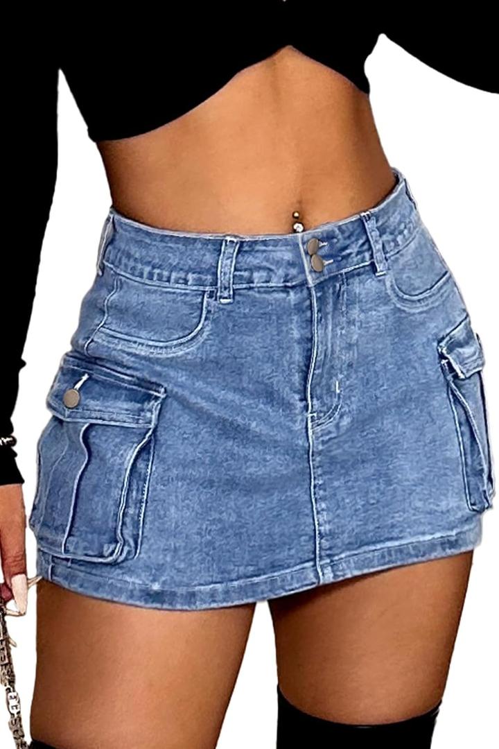 ELLEVEN High Stretchy Denim Cargo Skort for Women, High Waist, Casual Mini Y2K Jean Skirt Shorts with Pockets (Large)
