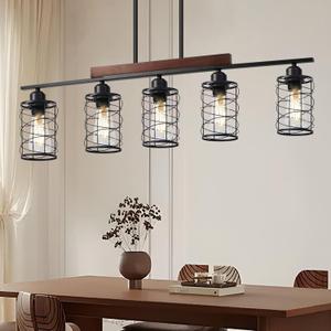 Kitchen Island Lighting, 5-Light Dining Room Light Fixture Over Table, Black Metal & Wood Linear Chandeliers with Cage Shade, Farmhouse Rustic Hanging Ceiling Pendant Light Fixtures for Kitchen