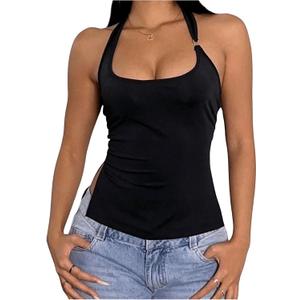 Milumia Women's Scoop Neck Low Cut Ruched Backless Halter Top Y2K Side Slit Fitted Sleeveless Tank Tops (Black, S)