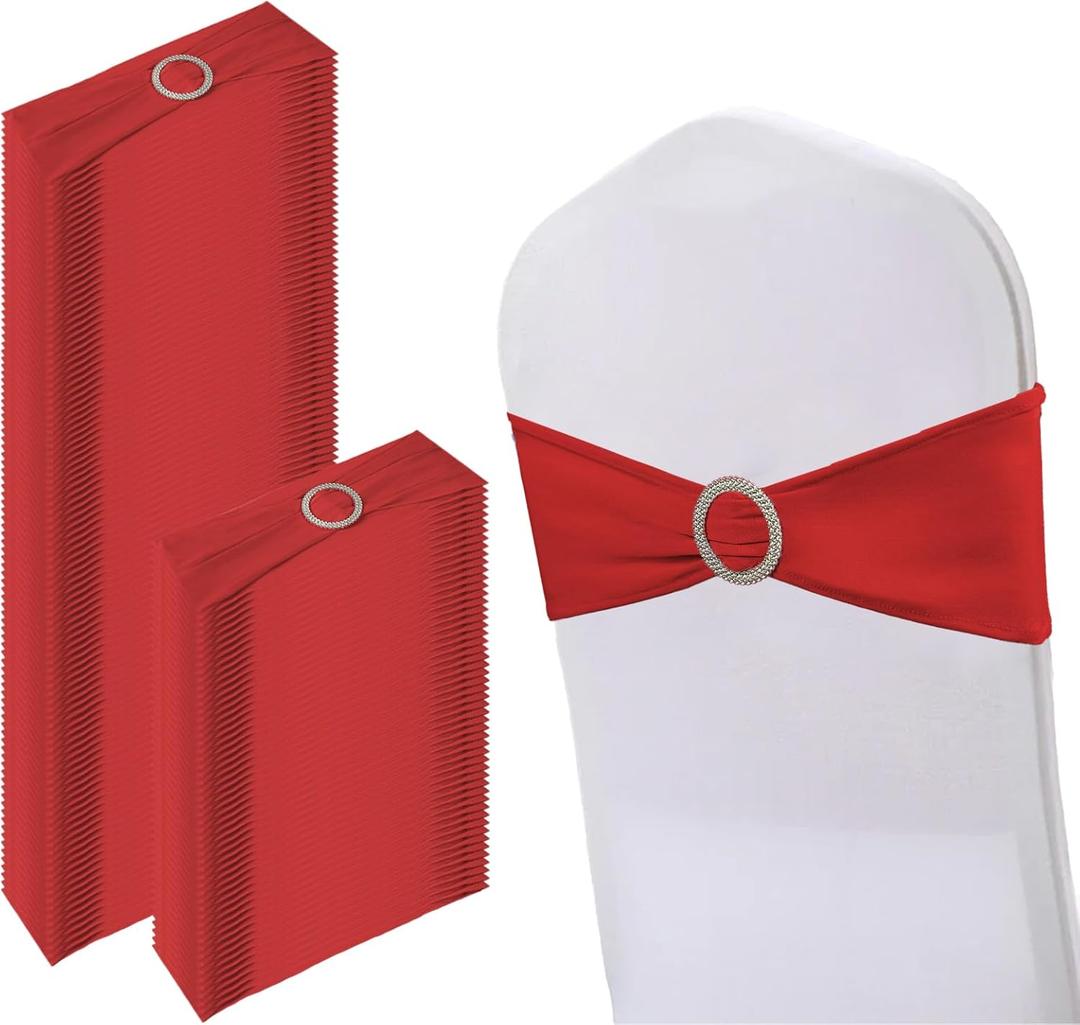 150 Pack Spandex Stretch Chair Sashes Bows, Elastic Stretch Chair Cover Bands Ties with Buckle Slider for Wedding Party Ceremony Reception Event Banquet Decoration (Red)
