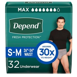 Depend Fresh Protection Adult Diapers, Incontinence Underwear for Men, Disposable, Maximum, Small/Medium, Grey, 32 Count