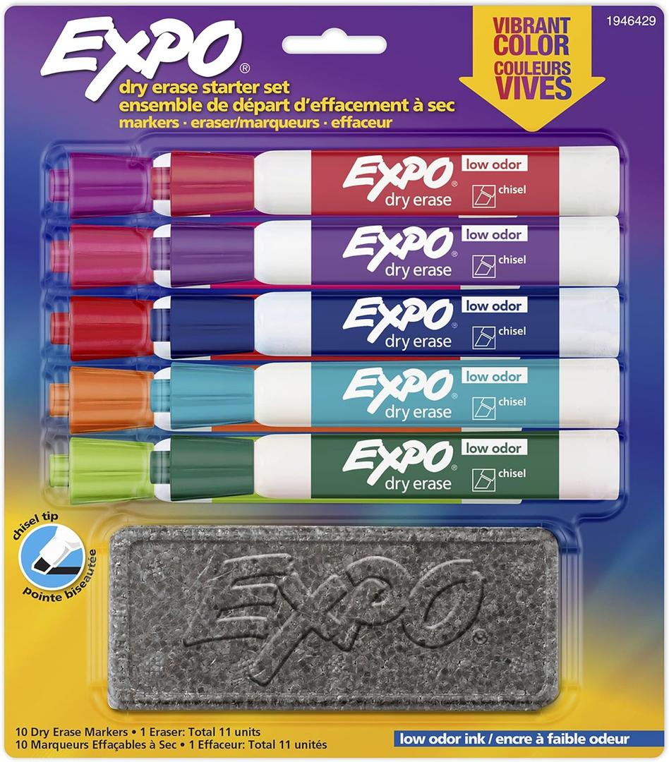 EXPO Low Odor Dry Erase Marker Starter Set with White Board Eraser, Chisel Tip Dry Erase Markers, Assorted Colors, 11-Piece Set