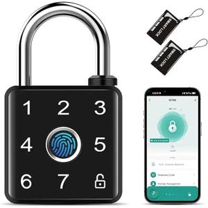 Fingerprint Padlock, Fingerprint/Password/Key Card/App Unlock, USB-C Rechargeable Waterproof Biometric Padlock for Gym Locker, School Locker, Backyard Gate, Shed, Fence Door