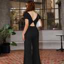 XXTAXN Women's Caual Fashion Crew Neck Short Sleeve Ruched Waist Backless Tie Wide Leg Long Pant One Piece Jumpsuit (Black, S)