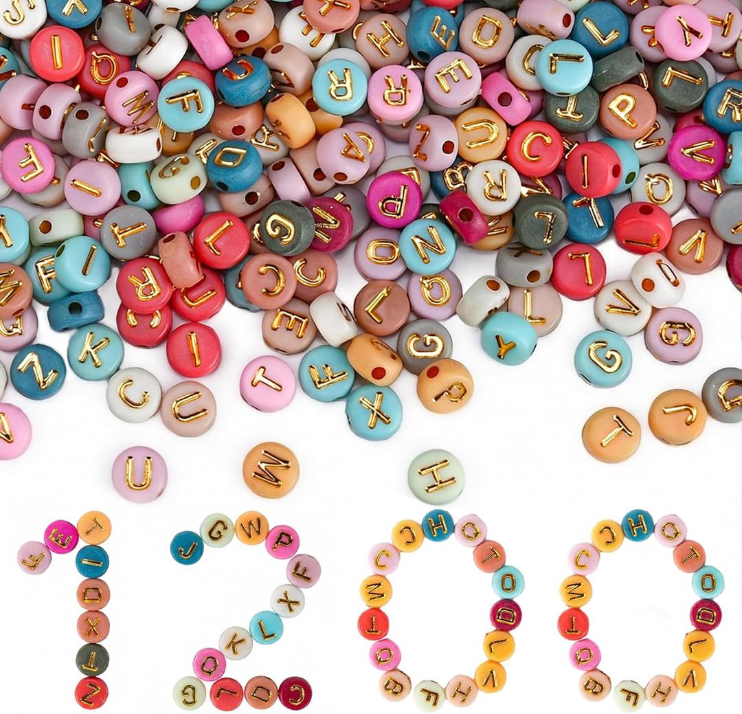 Gionlion 1200+Pcs Colorful Round 4x7mm Letter Beads for Bracelet Making, Acrylic Alphabet Beads for Jewelry Making, DIY Friendship Bracelets with Gold Letters on Colorful Beads