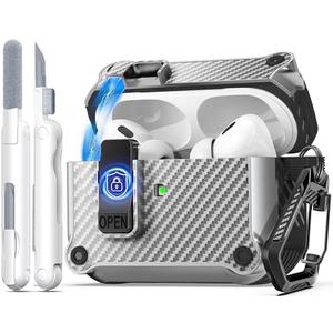 R-fun Compatible with AirPods Pro 2nd Generation 2023(USB-C),2022(Lightning Cable),1st Gen 2019 Charging Case, Full Drop Protection Auto Pop-Up Lid Design with Cleaner Kit,Carbon Fiber Silver 2 Pack