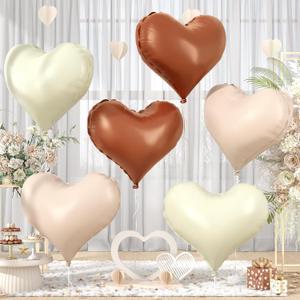 Cream White Beige Brown Heart Balloons,6Pcs 24Inch Large Heart Foil Balloons for Mother's Day Girls Women Birthday Valentine's Day Wedding Engagement Bridal Showers Anniversary Party Decorations