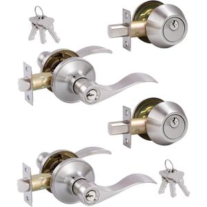 (2 Pack) Keyed Alike Front Door Lever Lockset with Single Cylinder Deadbolt Combination Set Wave Style Lever, Front Door/Exterior Door Knob with Lock and Deadbolt Satin Nickel Finished