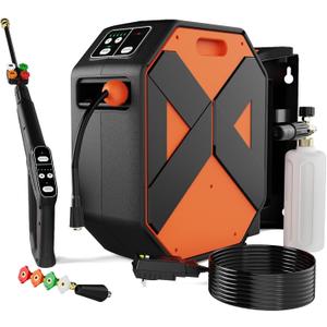 GFCI Wall Mounted 5000PSIMAX PowerWasher with 100FT Retractable Hose, 5-Stage Adjustable Press, Foam Cannon & 5 Nozzles for Car, Lane, Patio Cleaning