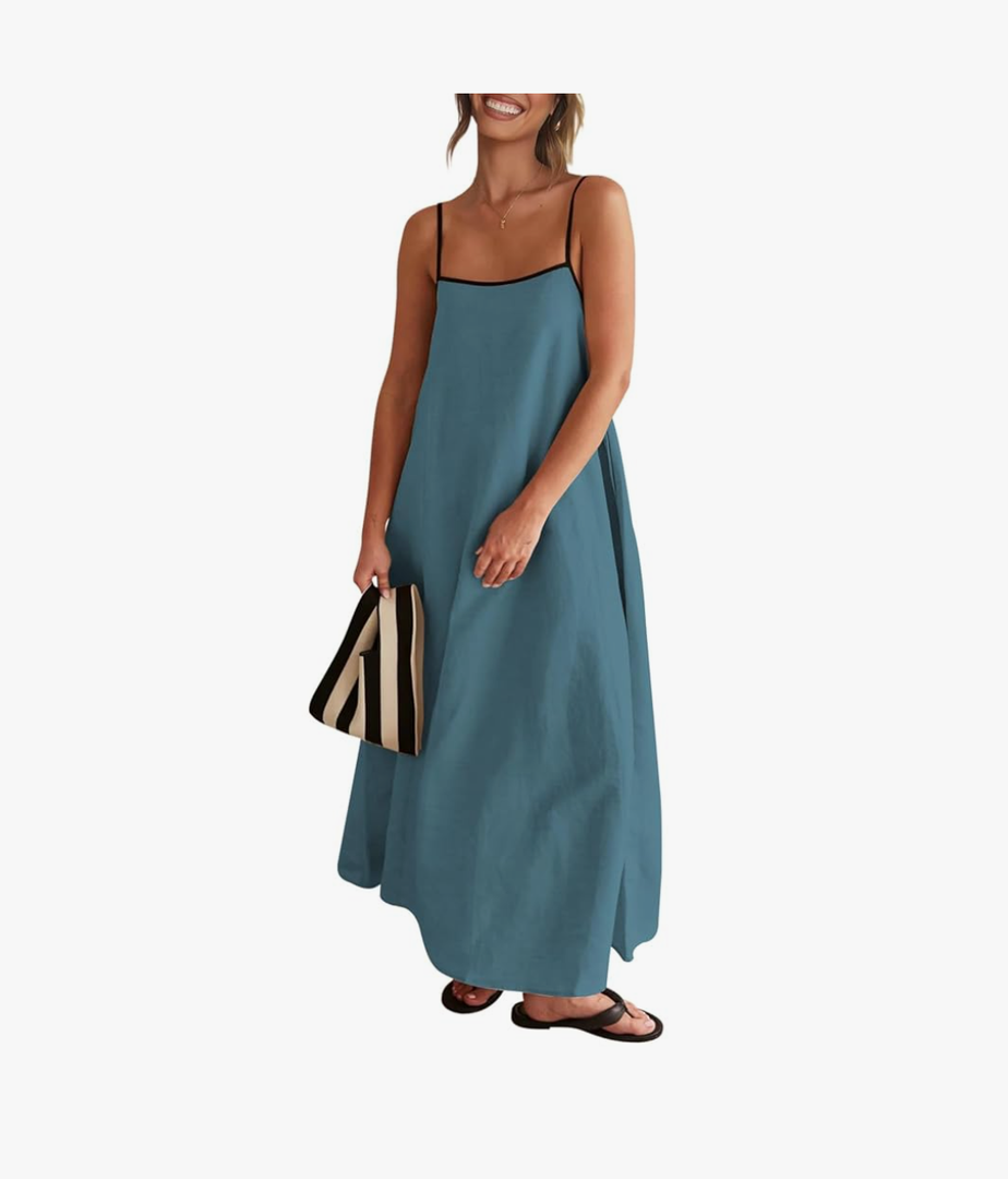 Senllen Women's Linen Dress Summer Loose Flowy Sundress Contrast Spaghetti Strap Sleeveless Backless Beach Maxi Long Dresses, Size Large