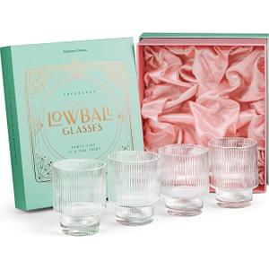 GLASSIQUE CADEAU Vintage Art Deco Ribbed Lowball Cocktail Glasses | Set of 4 | 12 oz Crystal Double Old Fashioned Tumblers for Drinking Classic Whiskey, Gin, Vodka Bar Drinks | Round Glassware