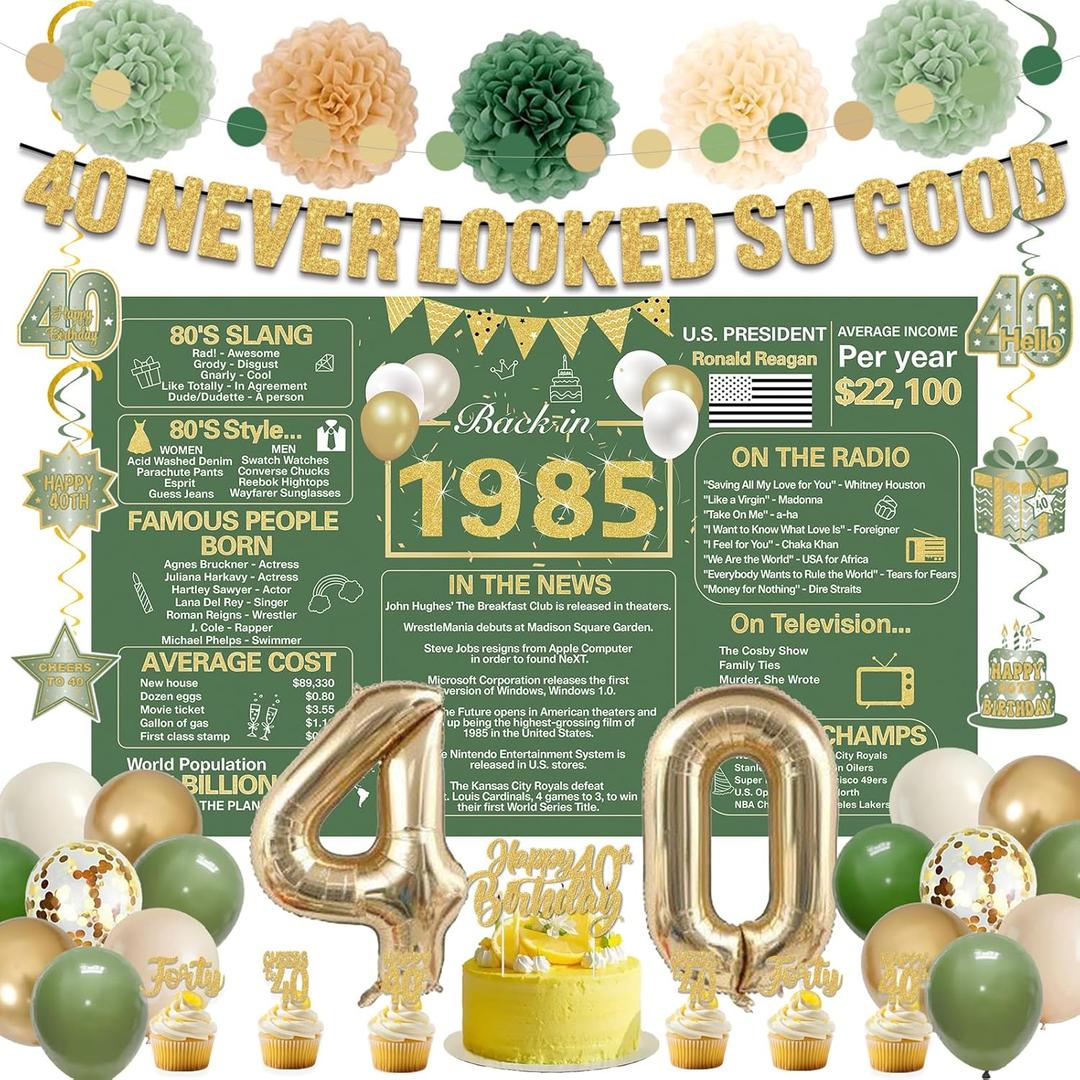 Crenics Green and Gold 40th Birthday Decorations for Men or Women - Back in 1985 Backdrop, Banner, Paper Pom Poms, Hanging Swirls, Cake Topper and Balloons for 40 Birthday Party Supplies