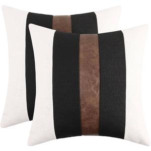 JASEN Set of 2 Faux Leather and Linen Throw Pillow Covers 18x18 Inch Black and White Modern Farmhouse Decorative Accent Cushion Covers for Couch Sofa (18x18)