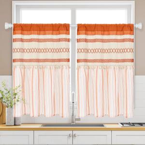 FRAMICS Farmhouse Linen Kitchen Curtains 36 Inch Length Orange Striped Short Curtain for Windows Boho Crochet Small Window Curtains for Kitchen Rod Pocket Tier Curtain for Bathroom, Cafe, 2 Panels