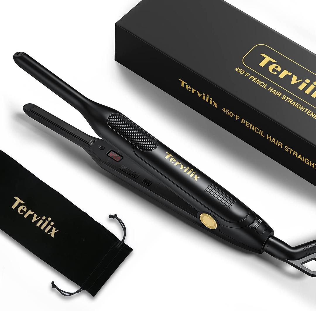 Terviiix Pencil Flat Iron for Edges & Short Hair, 3/10 Inch Small Hair Straightener for Men, Ceramic Mini Flat Iron for Pixie & Beard, 15s Fast Heat up, Dual Voltage, Auto Shut Off (Black)