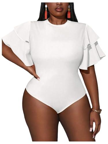 WDIRARA Women's Plus Size Layered Ruffle Short Sleeve Bodysuit Crew Neck Leotard Tops White 3X-Large Plus