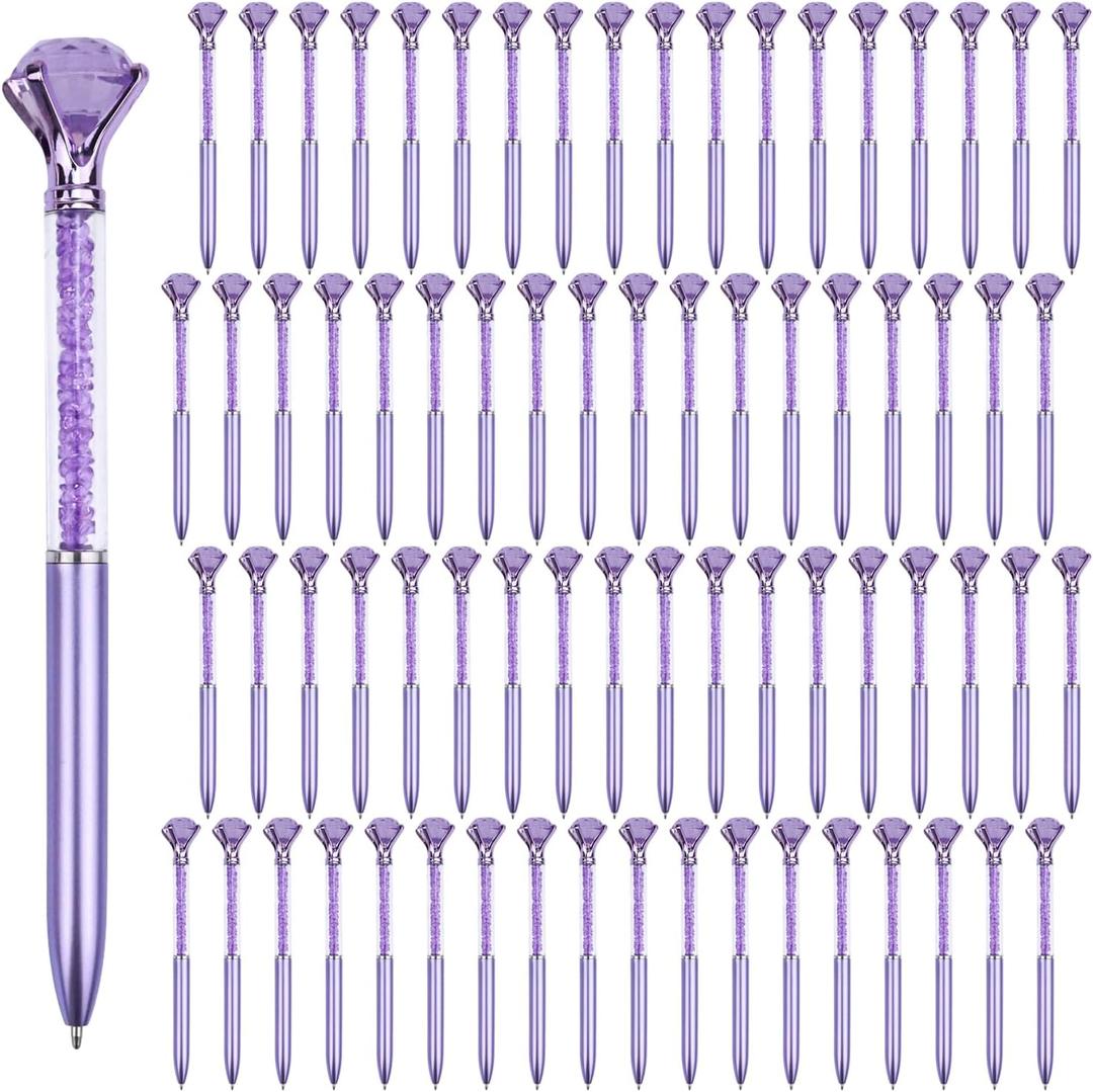 Crystal Pens Bulk, Big Bling Diamond Ballpoint Black Gel Ink Pen, Rhinestone Bridal Shower Cute Pretty Fancy Glitter Neutral Pens Office School Supplies for Women Students Teacher (Purple 60 Pcs)