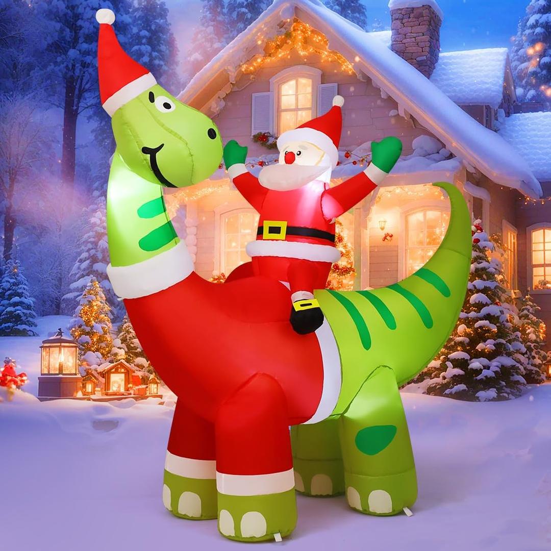 COMIN 6ft Christmas Inflatables Outdoor Decorations, Blow Up Santa Claus Riding A Dinosaur Inflatable with Built-in LEDs for Christmas Indoor Outdoor Yard Lawn Garden Decorations
