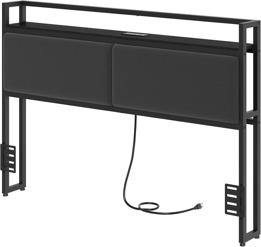 Headboard with Charging Station, Queen Size Headboard Only, Upholstered Queen Head Board with Open Storage, Height Adjustable, Vintage Style, Sturdy and Stable, Black