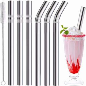 Vinaco Stainless Steel Smoothie Straws, 0.4'' Extra Wide Reusable Metal Drinking Straws for Milkshake, Smoothie, Beverage, Set of 6 with 1 Cleaning Brush (3pcs 10.5'' Bent |3pcs 8.5'' Straight) (Silver)