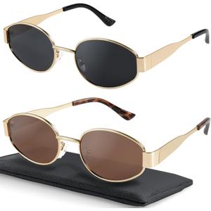 livho 2025 Trendy Oval Sunglasses - Stylish Polarized Shades for Everyday - Retro Metal Frames (Gold/Grey + Gold/Brown)