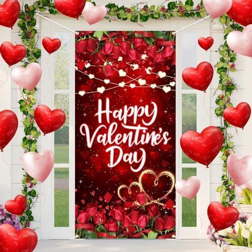 Lofaris Happy Valentine's Day Door Cover – 72.8x35.4 Inch Romantic Red Rose and Shiny Lights Banner for Valentine's Day Decorations, Indoor Outdoor Party Supplies