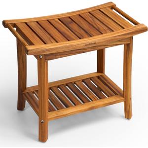 GREENTEAK Shower Bench, Waterproof Teak Shower Stool, Non-Slip Wooden Stool for Bathroom, Teak Wood Shower Seat Chair for Shower Storage Shelf, 300 Lbs Capacity, Provides Safety (22'' 2-Tier)