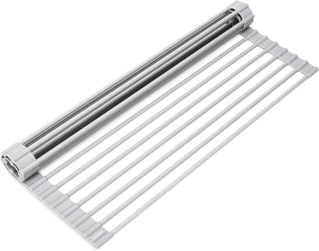 Surpahs Over Sink Foldable Multipurpose Roll-Up Dish Drying Rack, Silicone Wrapped Stainless Steel, Warm Gray, 17.5" x 13.1"