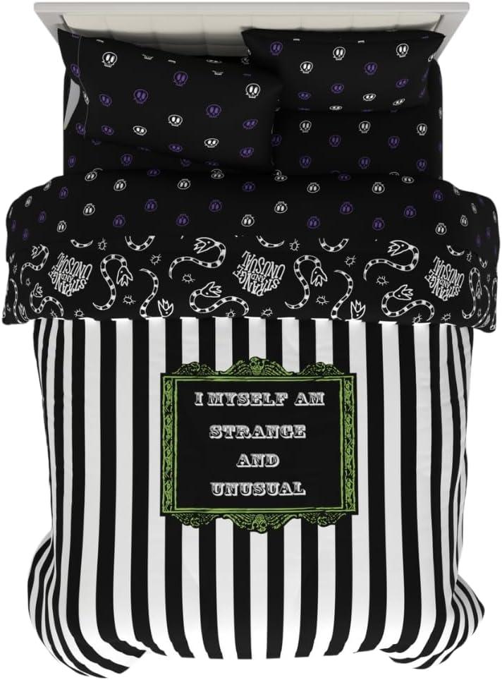 Franco Collectibles Beetlejuice Halloween Striped Bedding 5 Piece Super Soft Reversible Comforter and Sheet Set, Queen, (Officially Licensed Product)